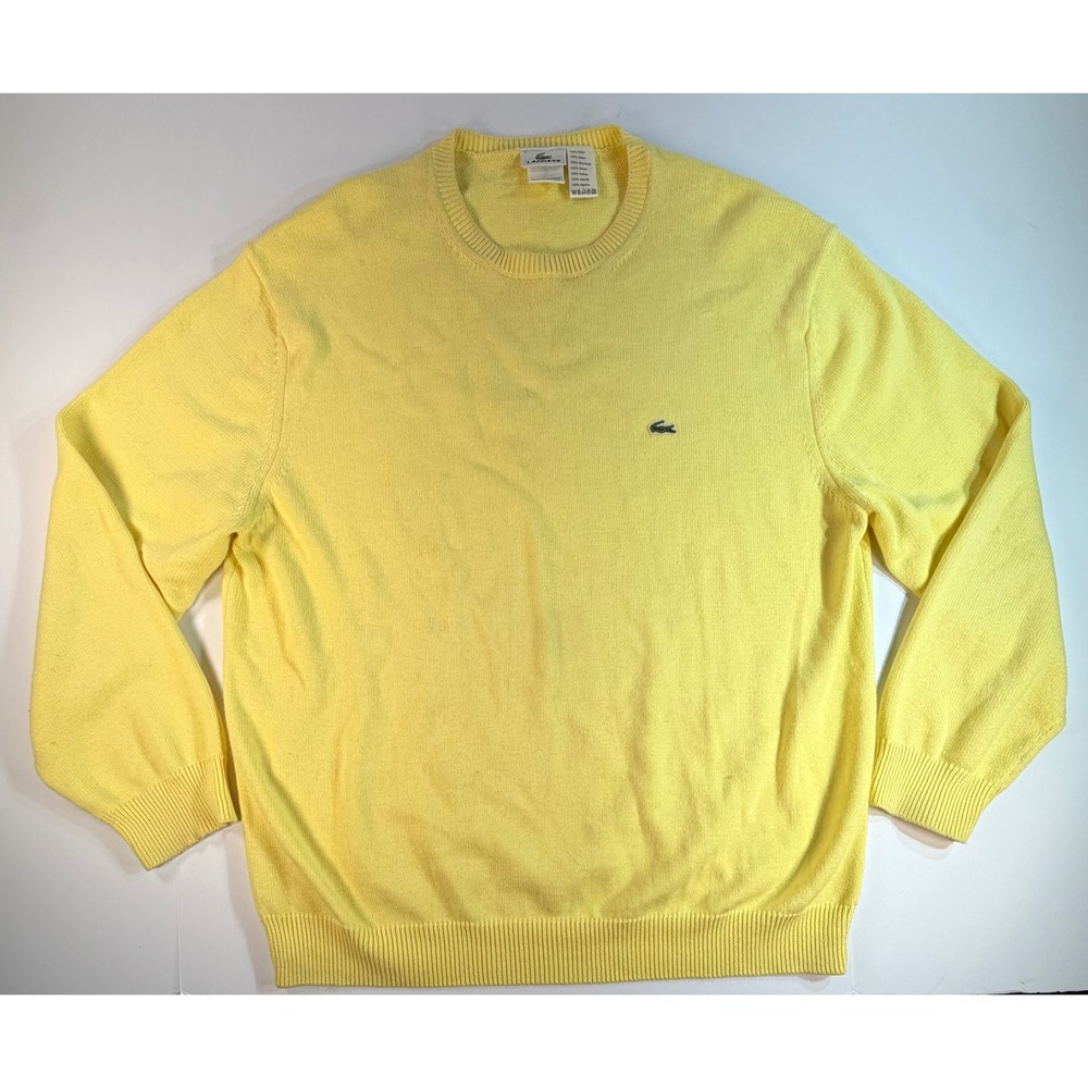 Lacoste Mens Yellow Cotton Crewneck Sweater Size 7 XL Logo Knit Pullover